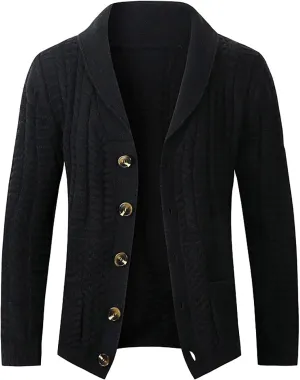 Men's Twisted Knit Sweater Cardigan Fashion Shawl Collar Button Down Long Sleeves Soft Comfy Sweater Jacket Tops