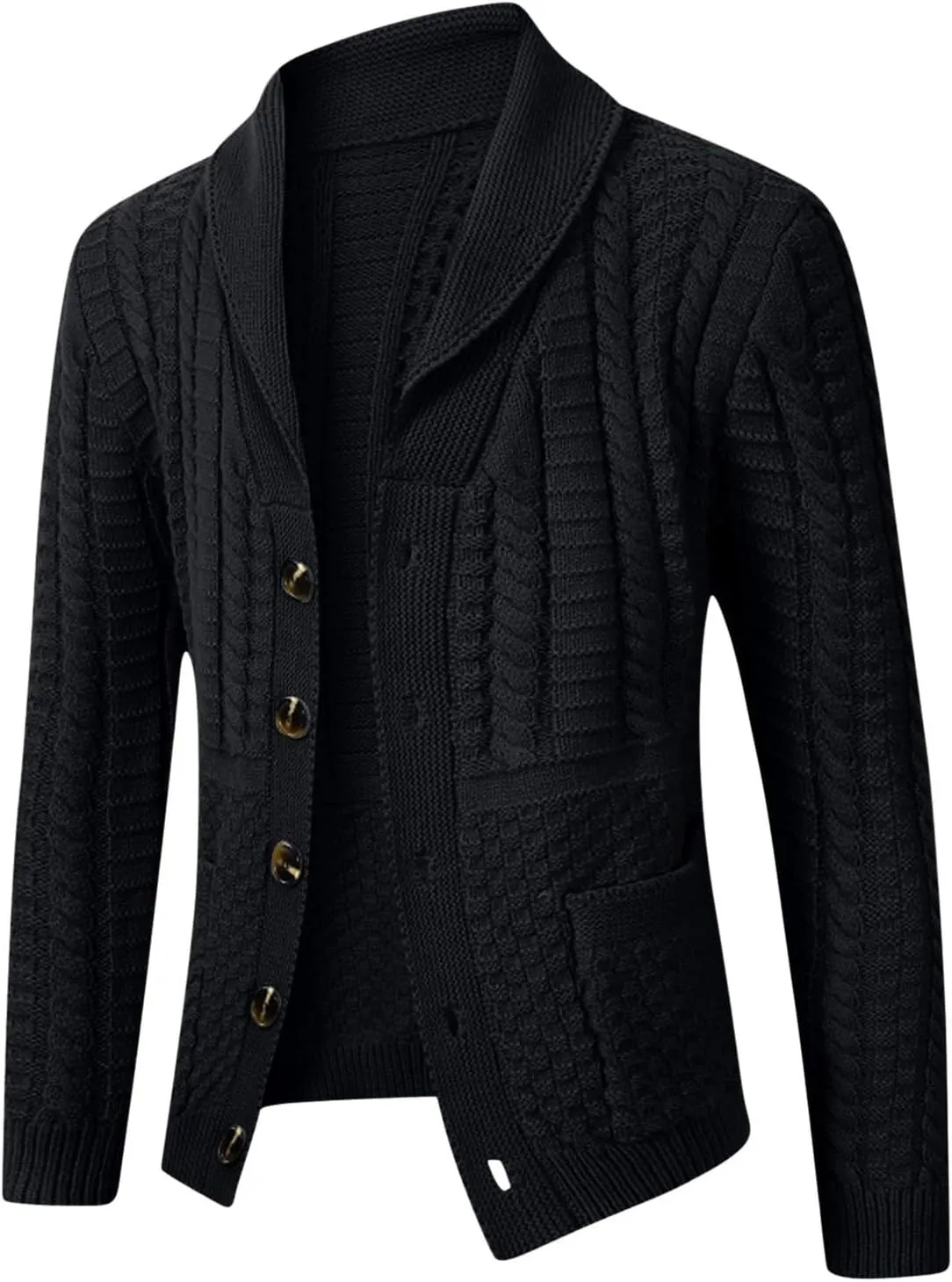 Men's Twisted Knit Sweater Cardigan Fashion Shawl Collar Button Down Long Sleeves Soft Comfy Sweater Jacket Tops