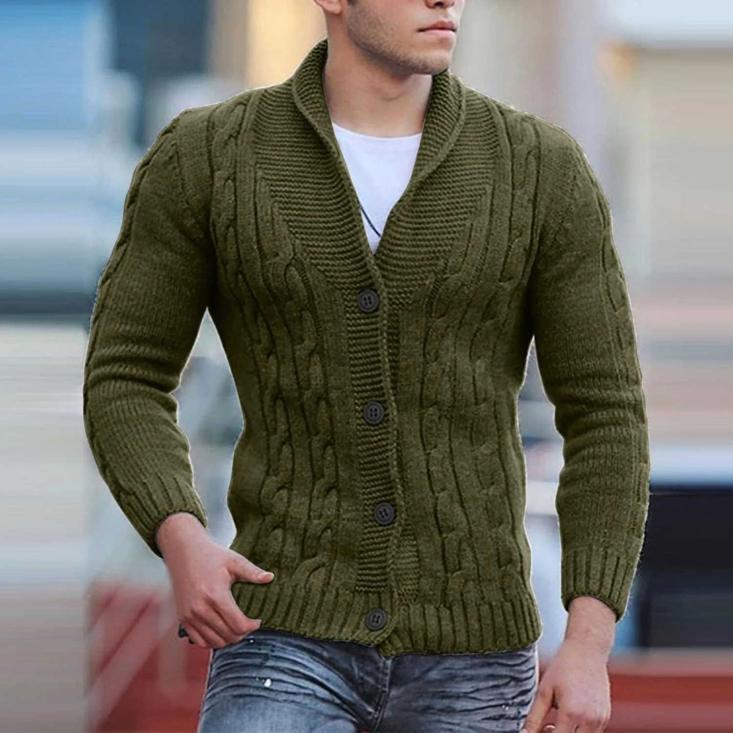 Men's V Neck Sweater Long Sleeve Shawl Collar Pullover Knitted Button Down Tops Solid Color Knitwear Oversize Sweater