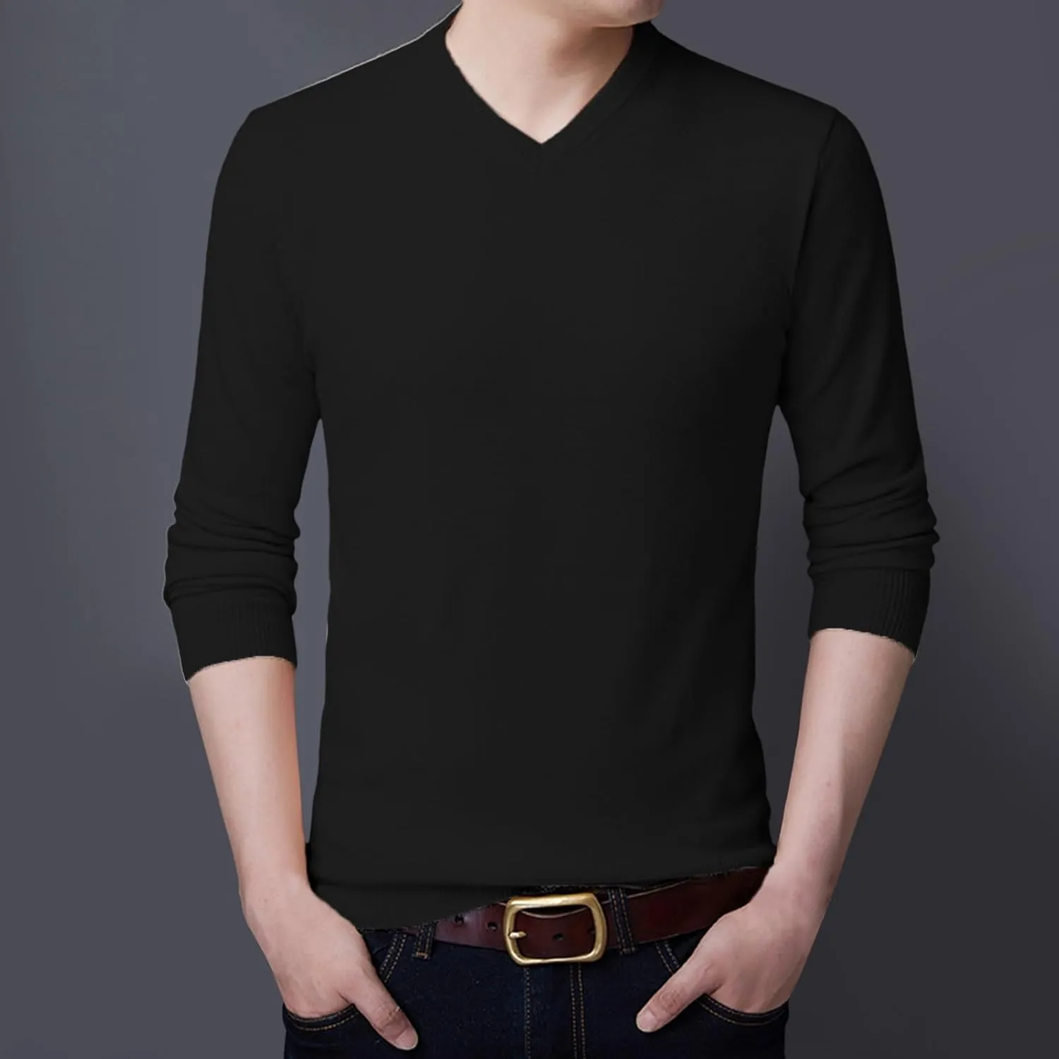 Men's V Neck Sweater Solid Color Long Sleeve Pullover Slim Fit Knitted Tops Lightweight Casual Fall Fashion Sweater