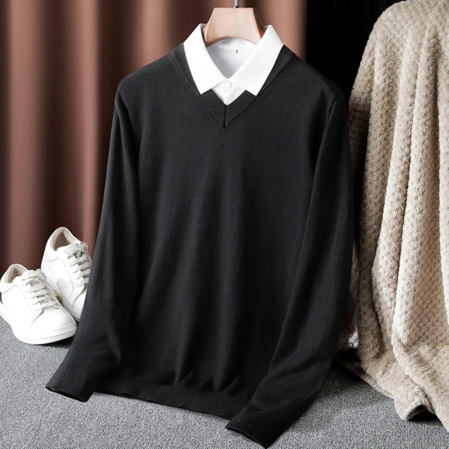 Men's V Neck Sweater Solid Color Long Sleeve Pullover Slim Fit Knitted Tops Lightweight Casual Fall Fashion Sweater