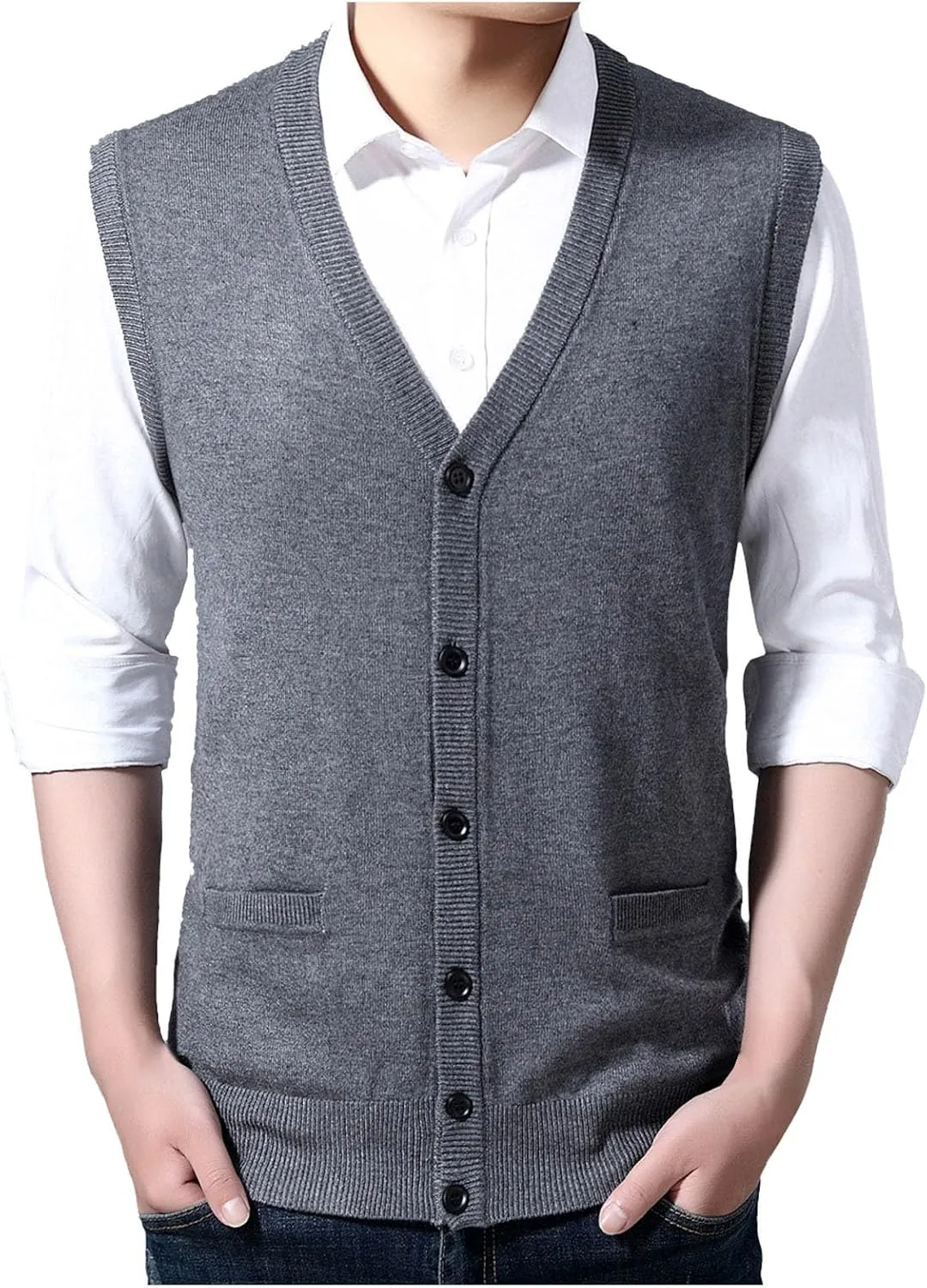 Men's V Neck Sweater Vest Notch Collar Sleeveless Shirts Button Down Knitted Pullover Solid Color Tops with Pockets