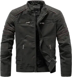 Mens Vintage Faux Leather Jacket PU Leather Motorcycle Jacket Zipper Racer Biker Coat with Multi-Pockets