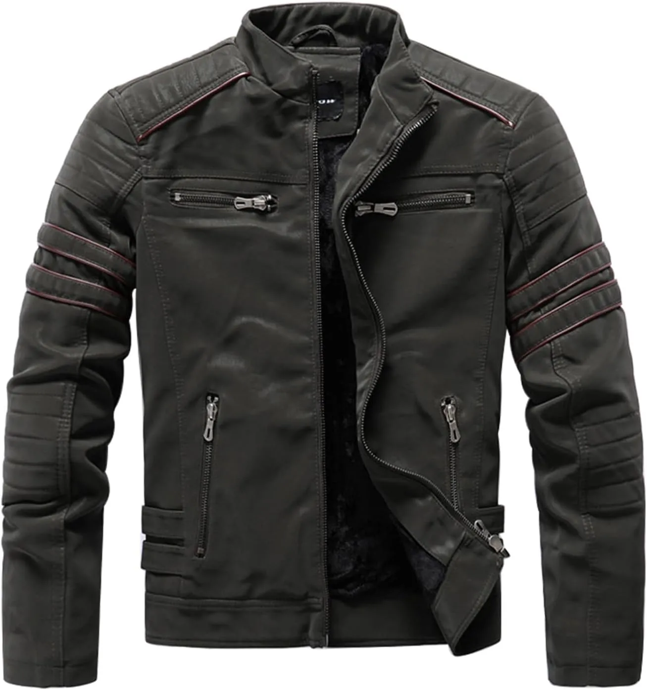 Mens Vintage Faux Leather Jacket PU Leather Motorcycle Jacket Zipper Racer Biker Coat with Multi-Pockets