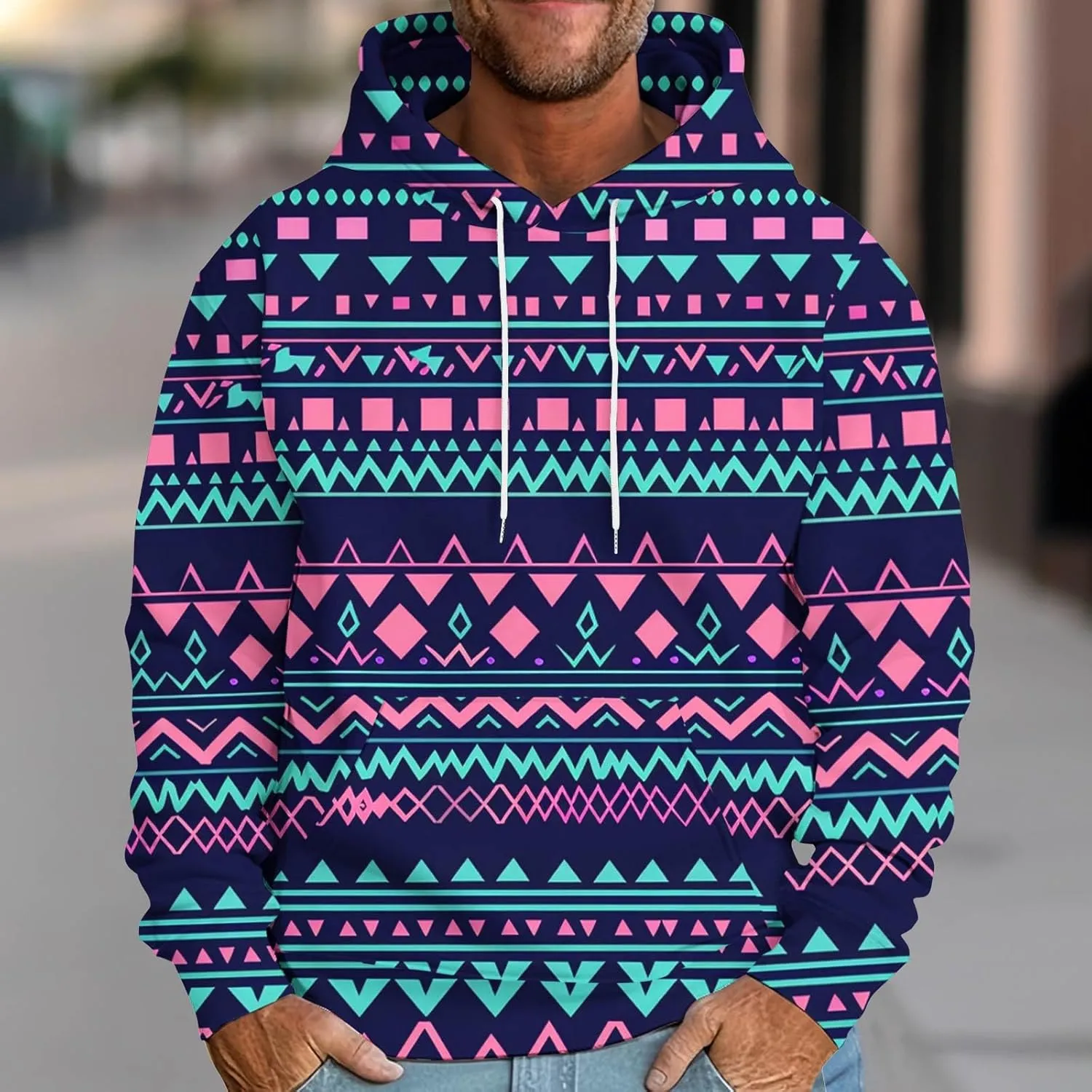 Men's Vintage Western Hoodies Aztec Ethnic Printed Tops Long Sleeve Tribal Ethnic Print Hooded Sweatshirts