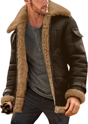 Mens Winter Coats, Mens Sherpa Fleece Lined Faux Leather Jacket Heavyweight Zip Up Bomber Jackets Vintage Winter Coats