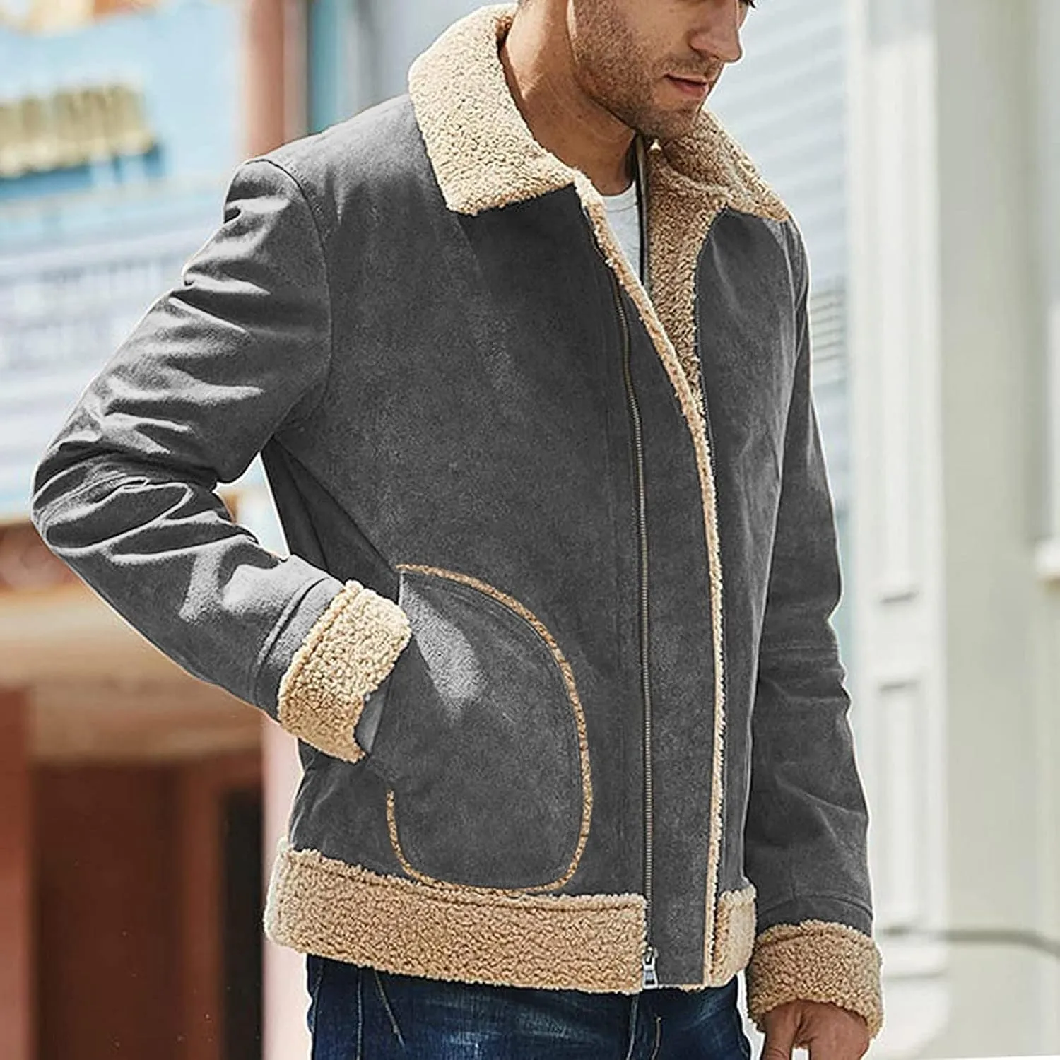 Mens Winter Coats, Mens Vintage Faux Leather Jacket Sherpa Lined Heavyweight Shearing Coat Plus Size Thicken Jacket