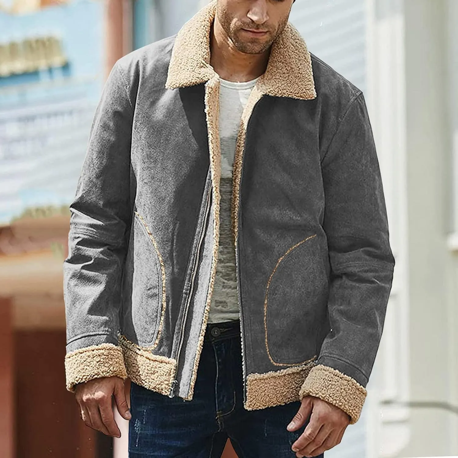 Mens Winter Coats, Mens Vintage Faux Leather Jacket Sherpa Lined Heavyweight Shearing Coat Plus Size Thicken Jacket