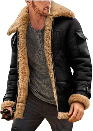 Mens Winter Jacket Faux Suede Aviator Bomber Jacket Warm Shearling Leather Coat Zip Up Vintage Motorcycle Coat for Men