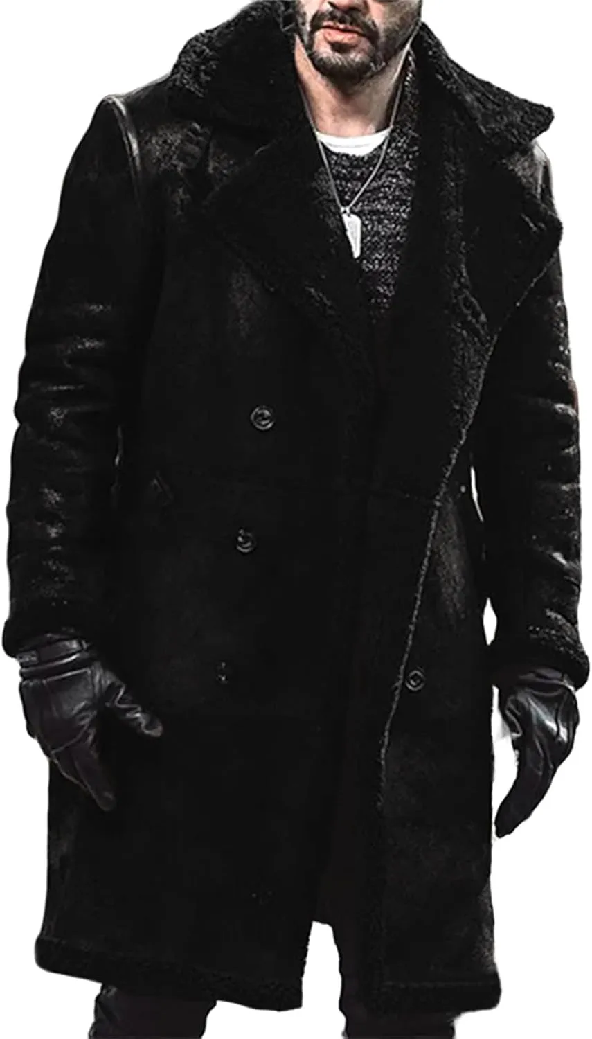 Mens Winter Long Sleeve Turn Collar Faux Fur Parka Jacket Classic Black Sheepskin Bomber Coat for Cold Weather