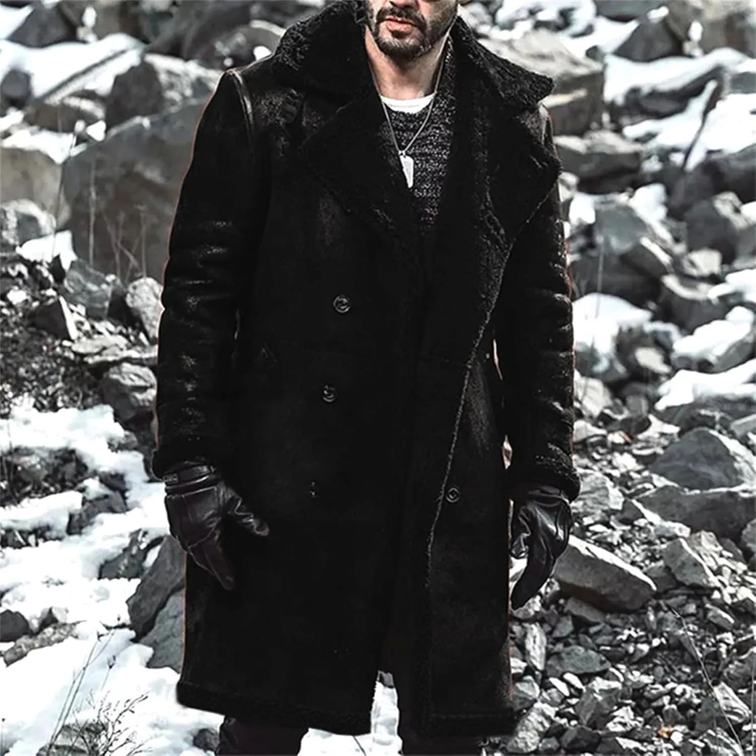 Mens Winter Long Sleeve Turn Collar Faux Fur Parka Jacket Classic Black Sheepskin Bomber Coat for Cold Weather