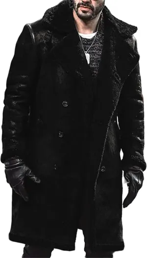 Mens Winter Long Sleeve Turn Collar Faux Fur Parka Jacket Classic Black Sheepskin Bomber Coat for Cold Weather