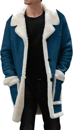 Mens Winter Suede Sherpa Lined Coat Fleece Sheepskin Jacket Pea Coat Faux Fur Collar Shearling Jacket Leather Coat