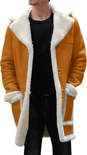 Mens Winter Suede Sherpa Lined Coat Fleece Sheepskin Jacket Pea Coat Faux Fur Collar Shearling Jacket Leather Coat
