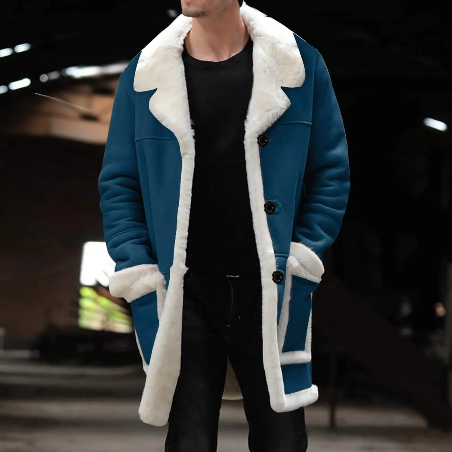 Mens Winter Suede Sherpa Lined Coat Fleece Sheepskin Jacket Pea Coat Faux Fur Collar Shearling Jacket Leather Coat