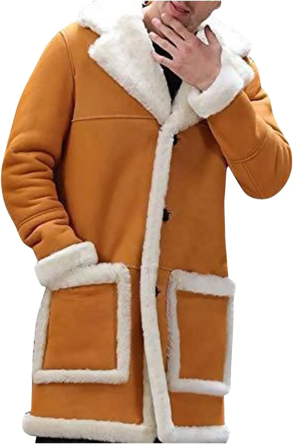 Mens Winter Suede Sherpa Lined Coat Fleece Sheepskin Jacket Pea Coat Faux Fur Collar Shearling Jacket Leather Coat