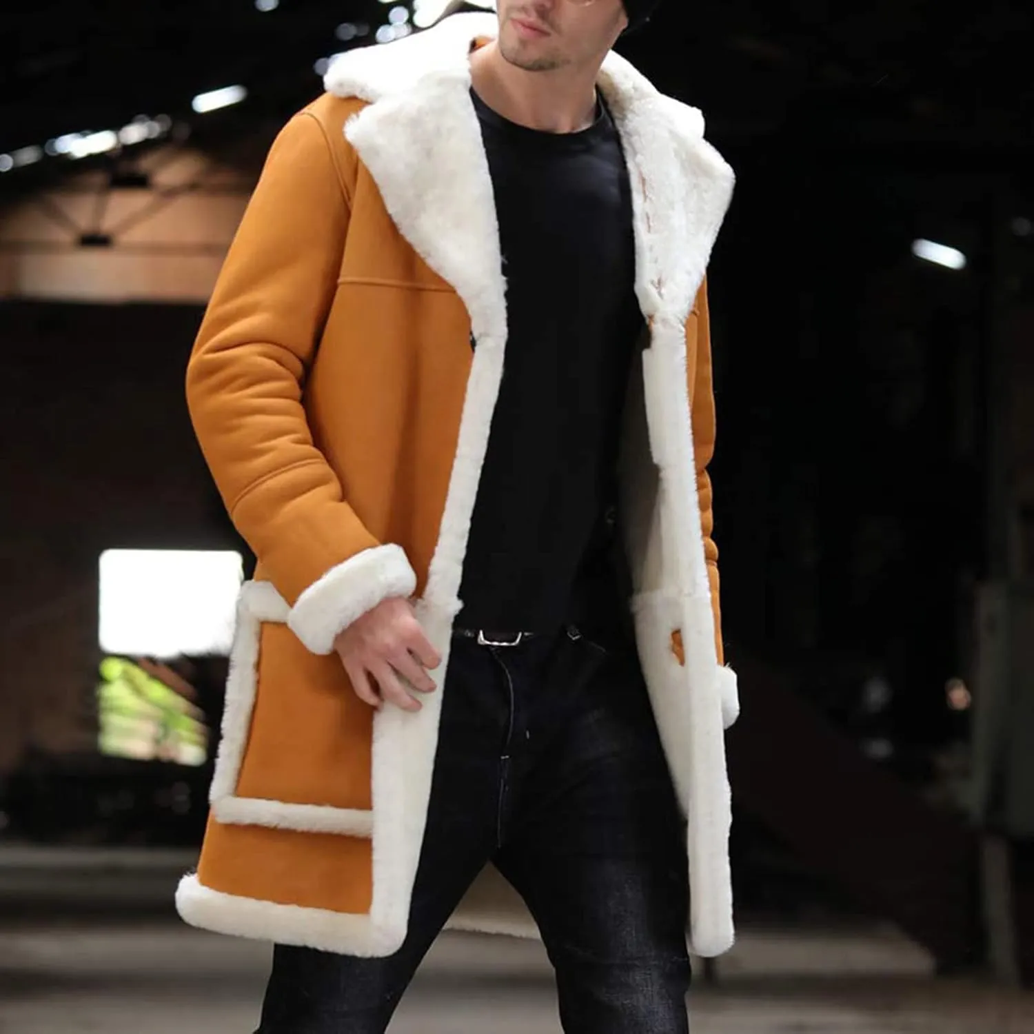 Mens Winter Suede Sherpa Lined Coat Fleece Sheepskin Jacket Pea Coat Faux Fur Collar Shearling Jacket Leather Coat