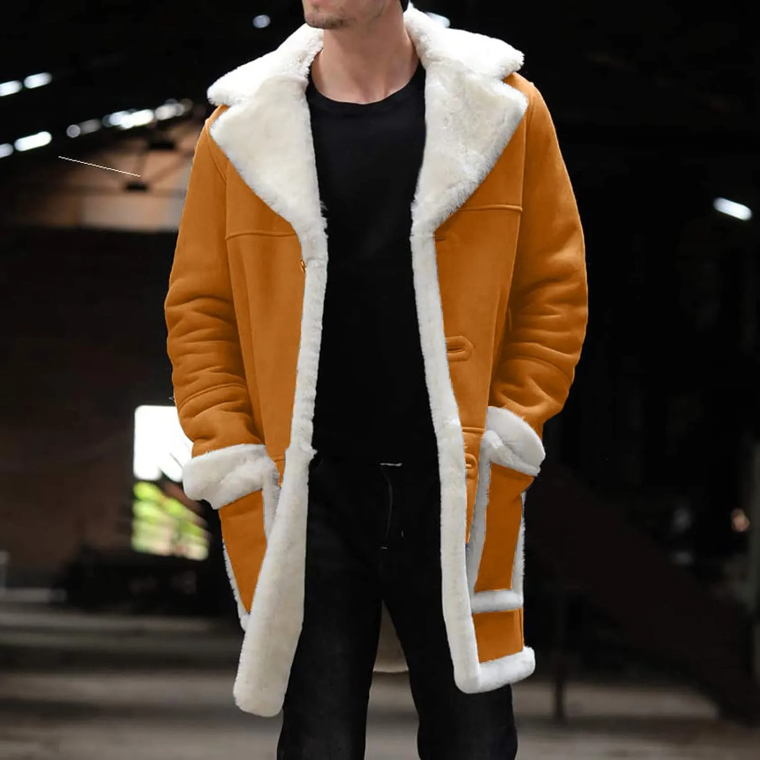 Mens Winter Suede Sherpa Lined Coat Fleece Sheepskin Jacket Pea Coat Faux Fur Collar Shearling Jacket Leather Coat