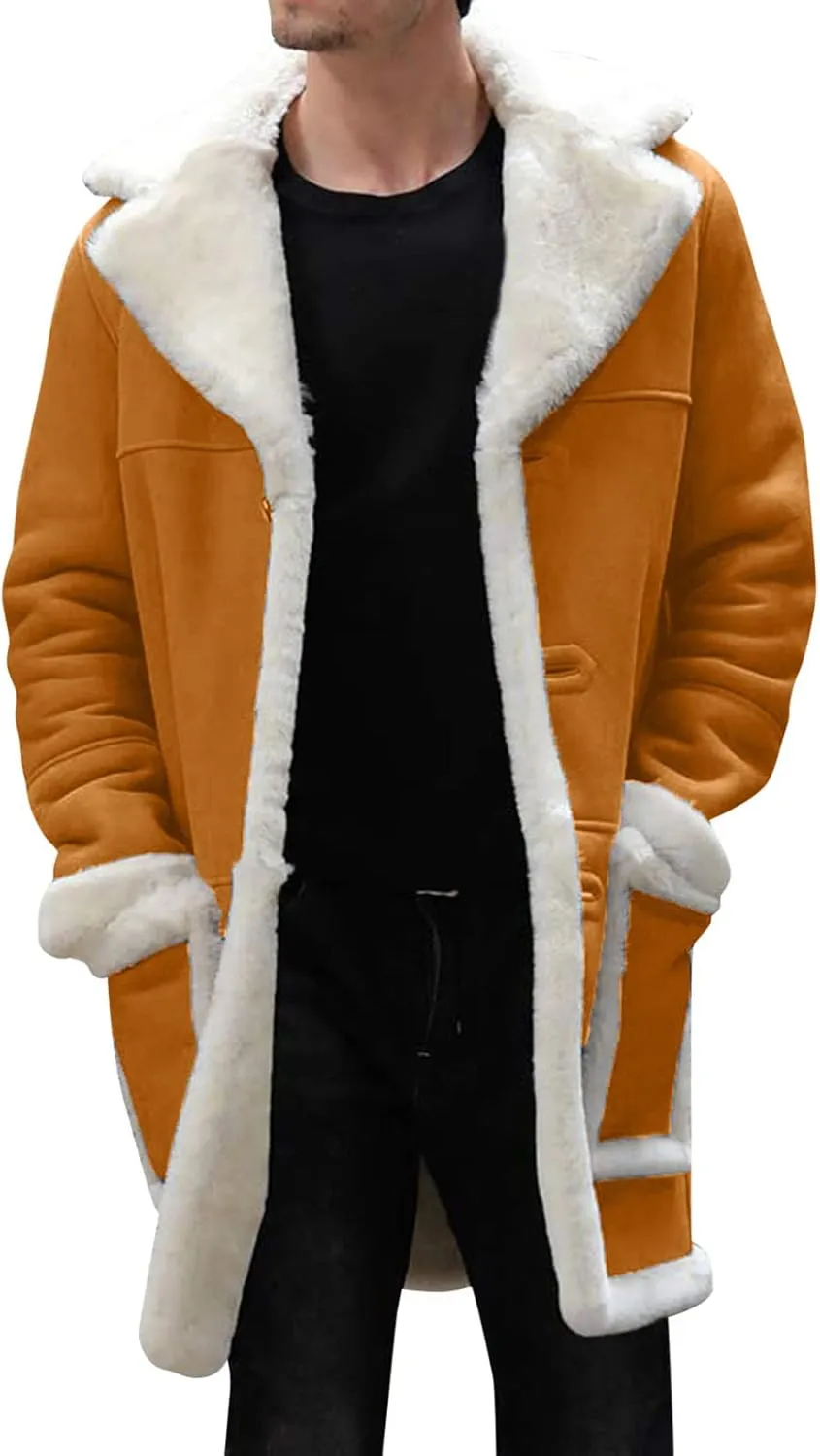 Mens Winter Suede Sherpa Lined Coat Fleece Sheepskin Jacket Pea Coat Faux Fur Collar Shearling Jacket Leather Coat