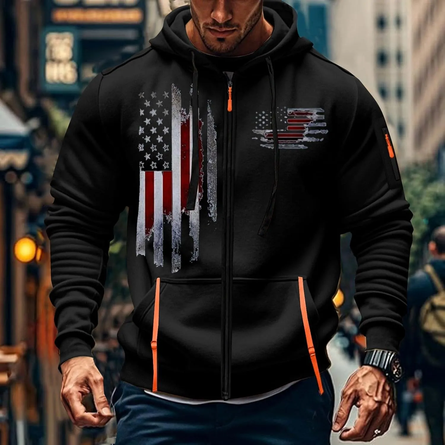 Mens Zip Up USA Flag Print Hoodies Casual Long Sleeve Drawstring Shirts Comfort Patriotic Sweatshirt with Pockets