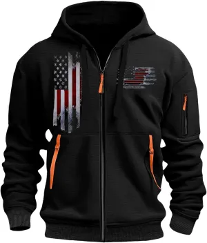 Mens Zip Up USA Flag Print Hoodies Casual Long Sleeve Drawstring Shirts Comfort Patriotic Sweatshirt with Pockets