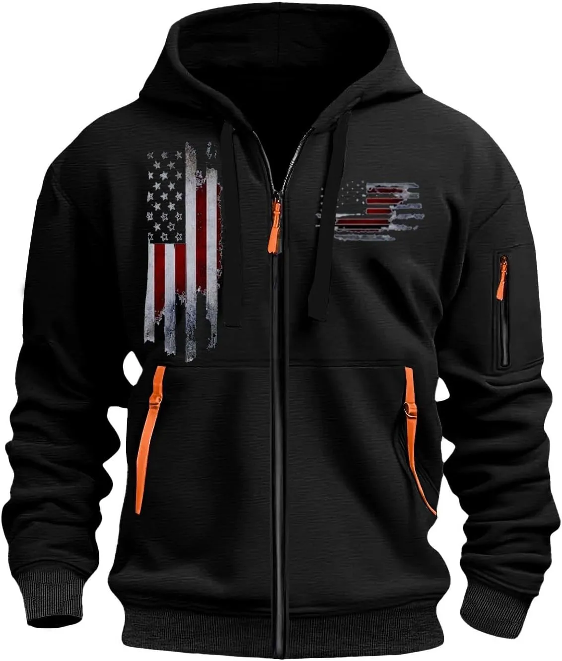 Mens Zip Up USA Flag Print Hoodies Casual Long Sleeve Drawstring Shirts Comfort Patriotic Sweatshirt with Pockets