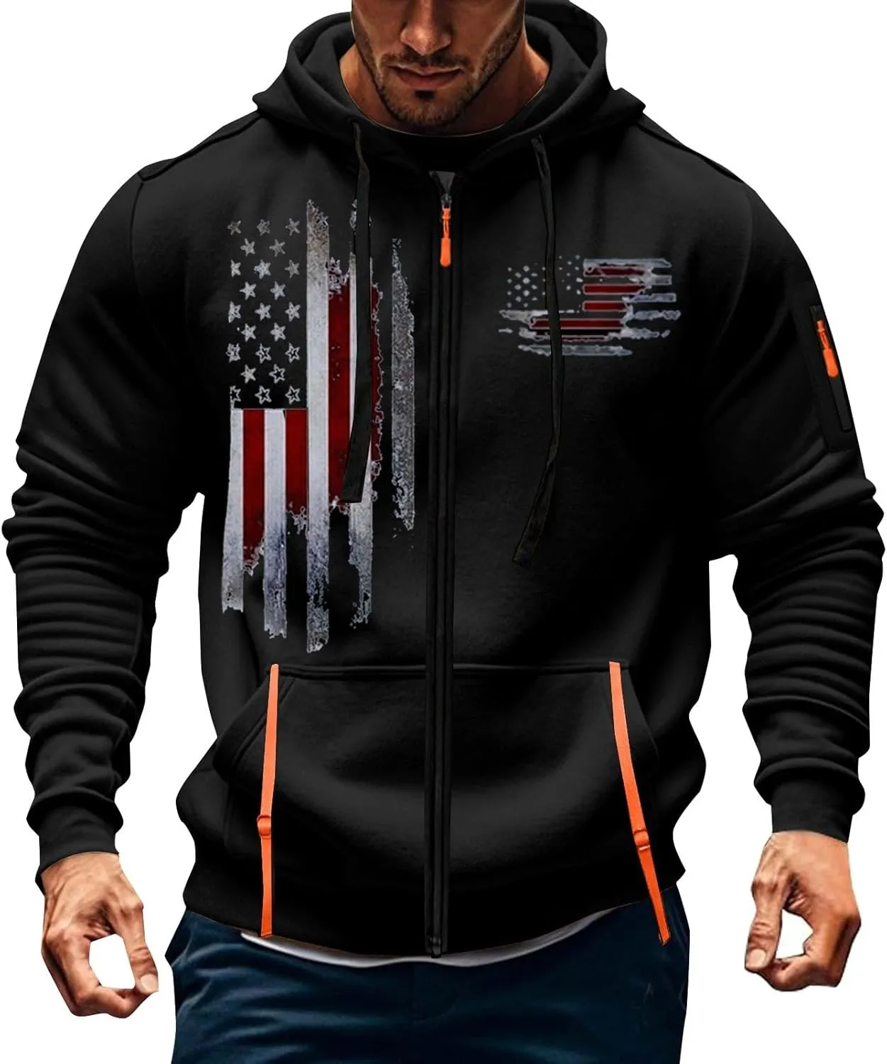 Mens Zip Up USA Flag Print Hoodies Casual Long Sleeve Drawstring Shirts Comfort Patriotic Sweatshirt with Pockets