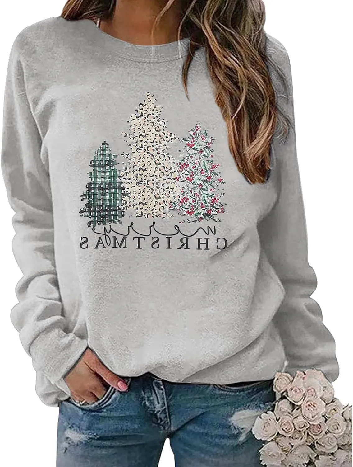 Merry Christmas Sweatshirt for Women 2024 Xmas Tree Fashion Graphic Shirt Holiday Long Sleeve Crewneck Pullover Tops