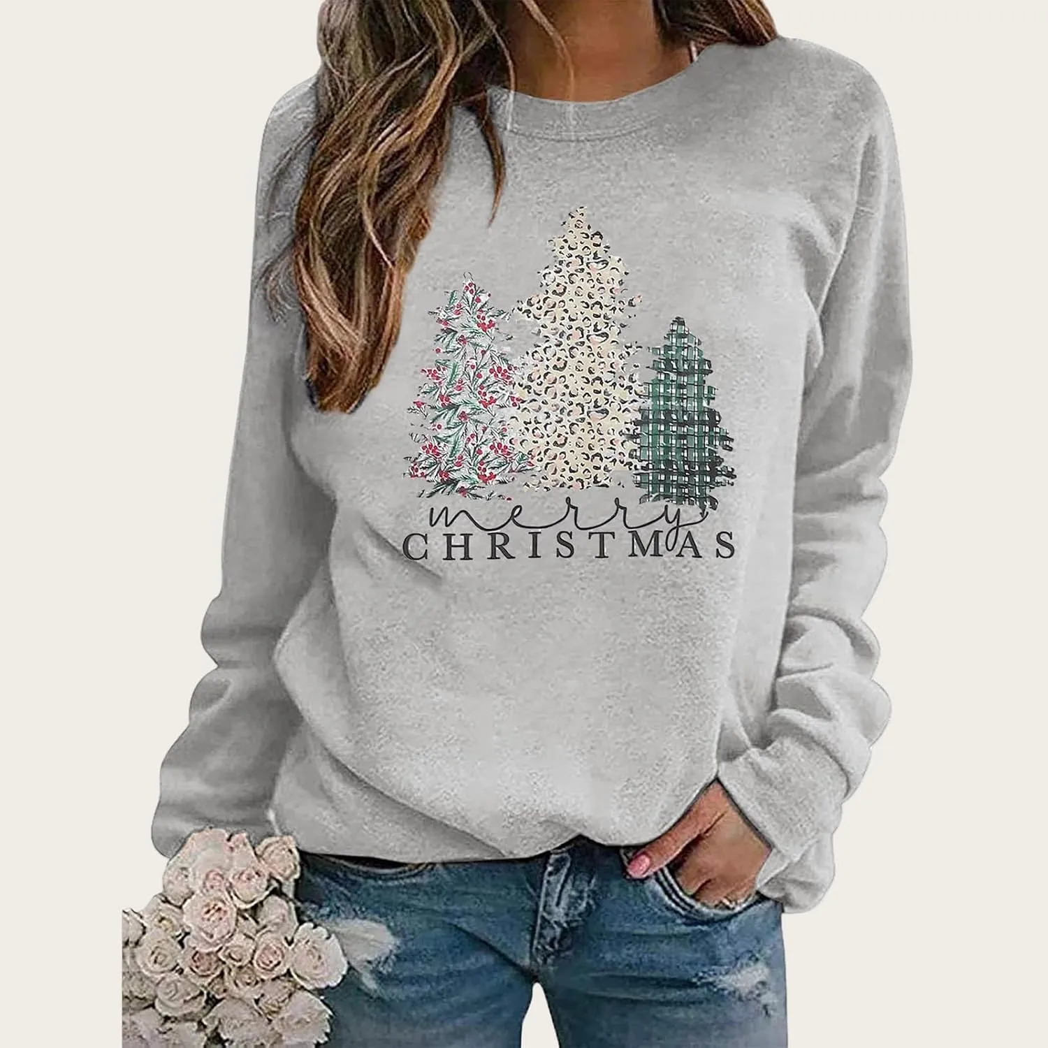 Merry Christmas Sweatshirt for Women 2024 Xmas Tree Fashion Graphic Shirt Holiday Long Sleeve Crewneck Pullover Tops