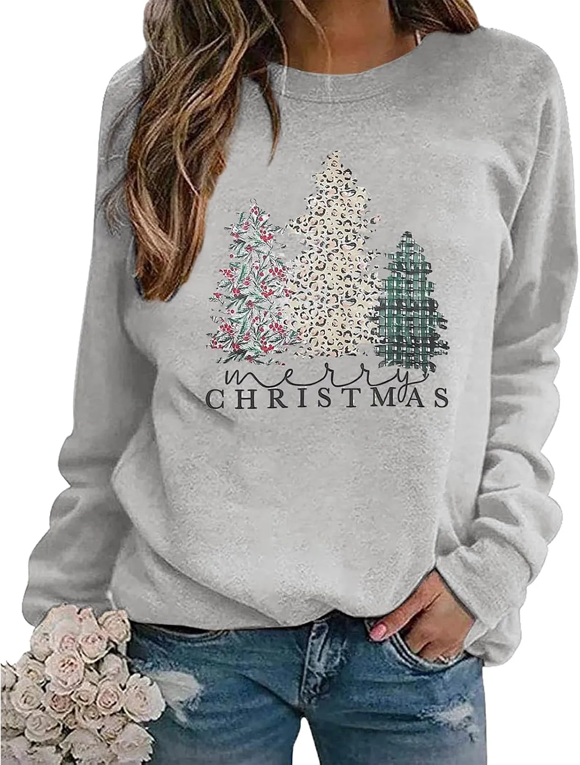 Merry Christmas Sweatshirt for Women 2024 Xmas Tree Fashion Graphic Shirt Holiday Long Sleeve Crewneck Pullover Tops