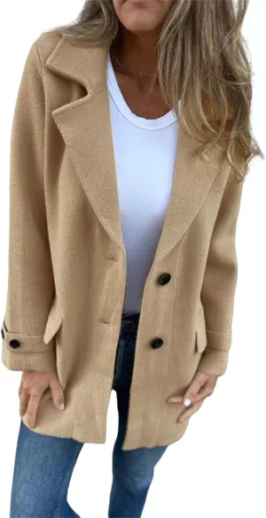 Mid-Long Coats for Women Notch Lapel Single Breasted Pea Coat Thicken Wool Blend Outwear Comfy Casual Trench Jacket