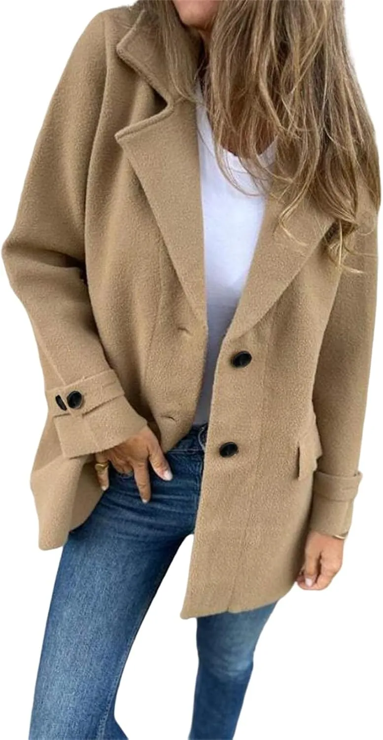 Mid-Long Coats for Women Notch Lapel Single Breasted Pea Coat Thicken Wool Blend Outwear Comfy Casual Trench Jacket