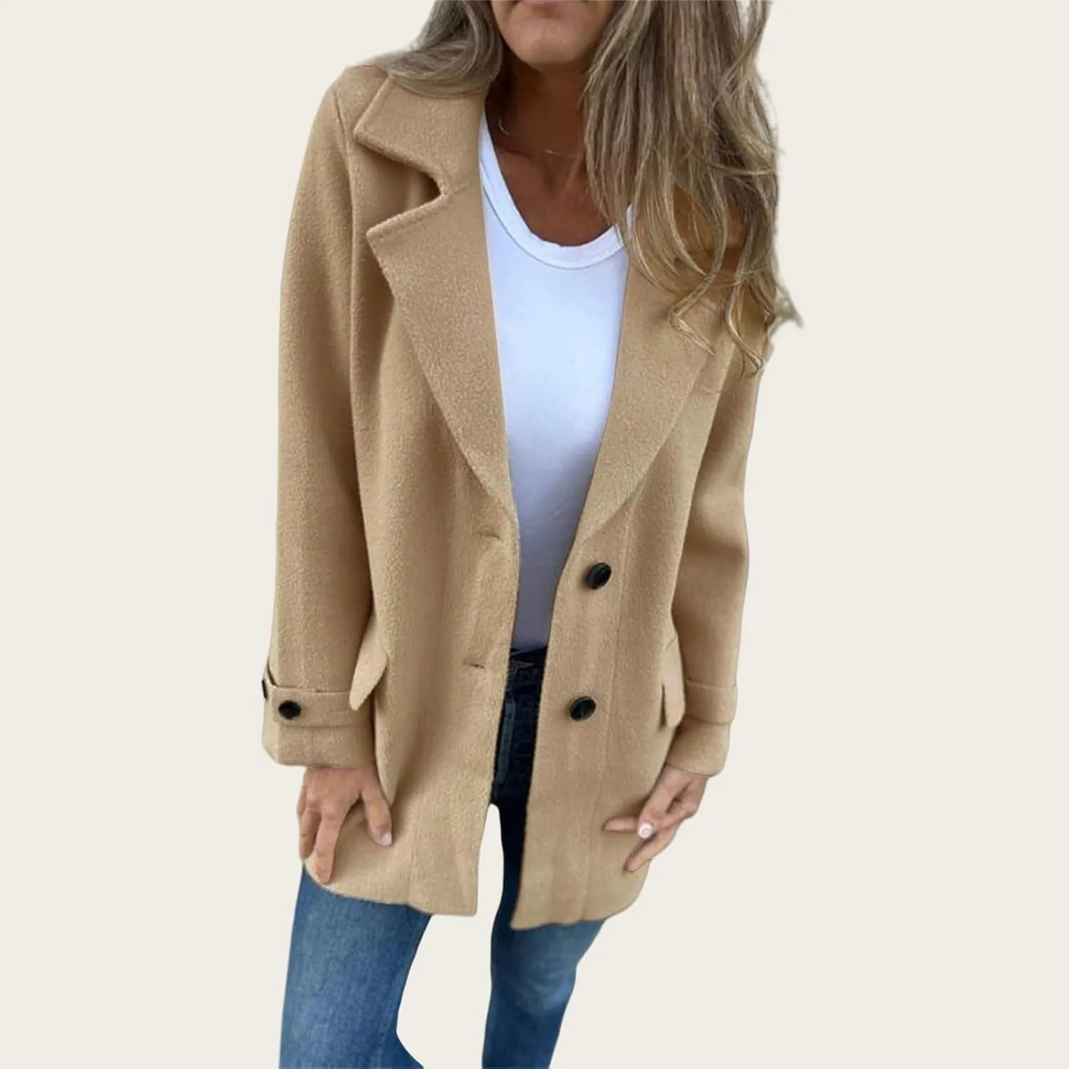 Mid-Long Coats for Women Notch Lapel Single Breasted Pea Coat Thicken Wool Blend Outwear Comfy Casual Trench Jacket
