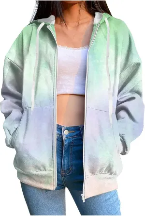 Ombre Pastel Zip Up Hoodie for Women Casual Gradient Color Jacket Drawstring Soft Sweatshirt Spring Fall Cozy Layer