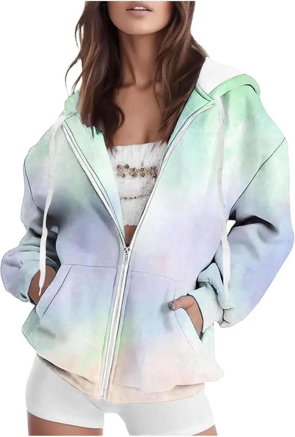 Ombre Pastel Zip Up Hoodie for Women Casual Gradient Color Jacket Drawstring Soft Sweatshirt Spring Fall Cozy Layer