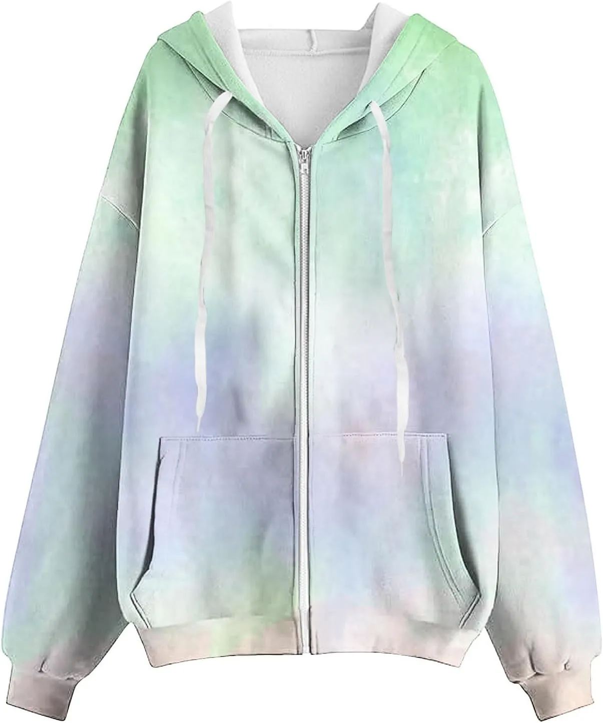 Ombre Pastel Zip Up Hoodie for Women Casual Gradient Color Jacket Drawstring Soft Sweatshirt Spring Fall Cozy Layer