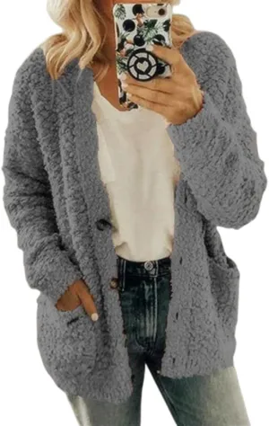 Open Front Cardigan for Women with Pockets Fuzzy Popcorn Oversized Lounge Long Sleeve Casual Sweater Fashion Outwear