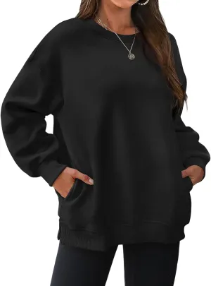 Oversized Crewneck Sweatshirts for Women Soft Fleece Long Sleeve Casual Cute Pullover Top Comfy Fall Clothes Pocket