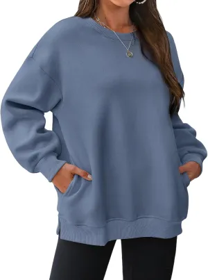 Oversized Crewneck Sweatshirts for Women Soft Fleece Long Sleeve Casual Cute Pullover Top Comfy Fall Clothes Pocket