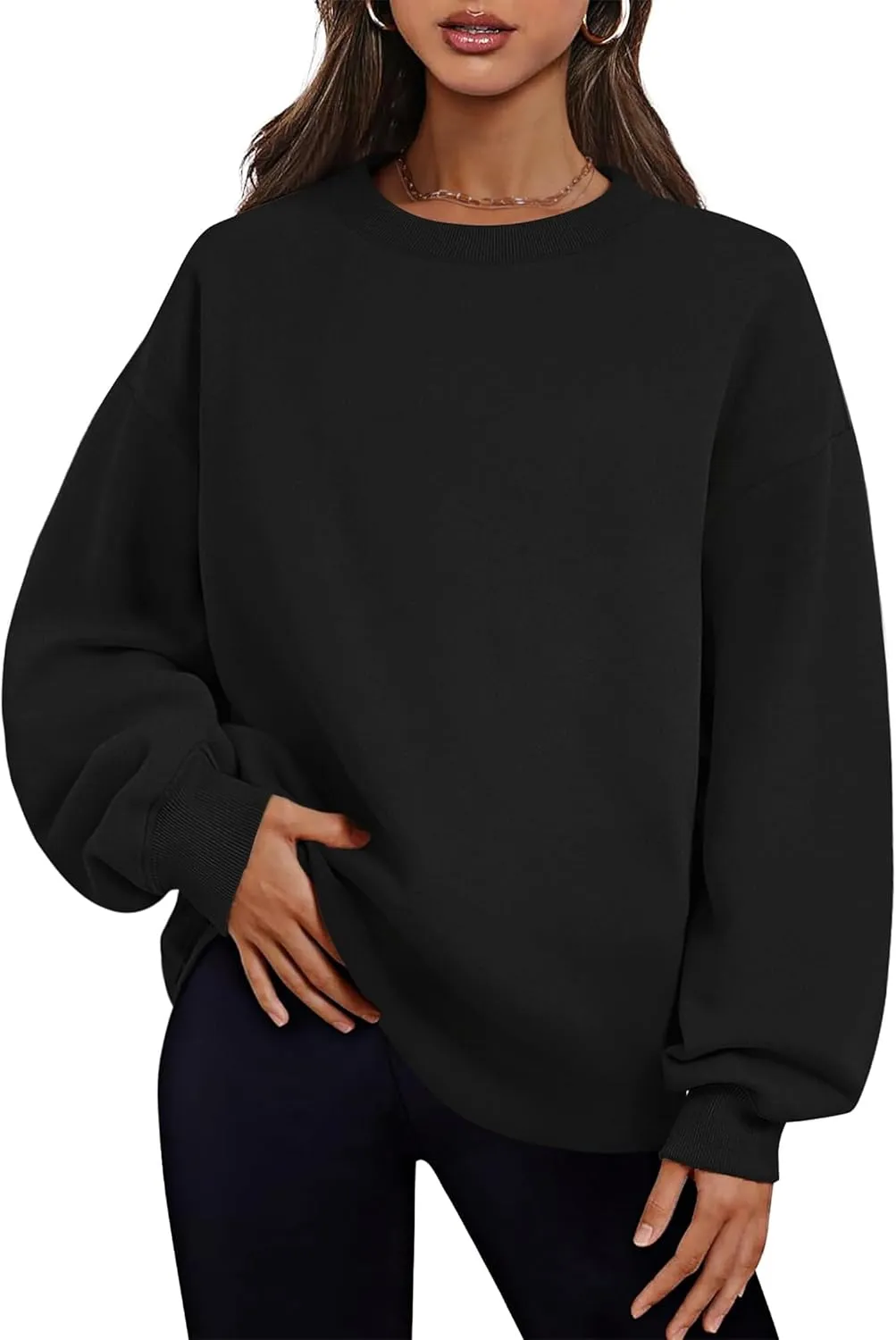 Oversized Crewneck Sweatshirts for Women Soft Fleece Long Sleeve Casual Cute Pullover Top Comfy Fall Clothes Pocket