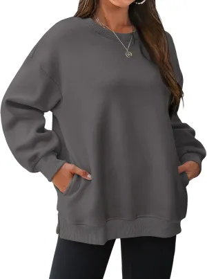 Oversized Crewneck Sweatshirts for Women Soft Fleece Long Sleeve Casual Cute Pullover Top Comfy Fall Clothes Pocket