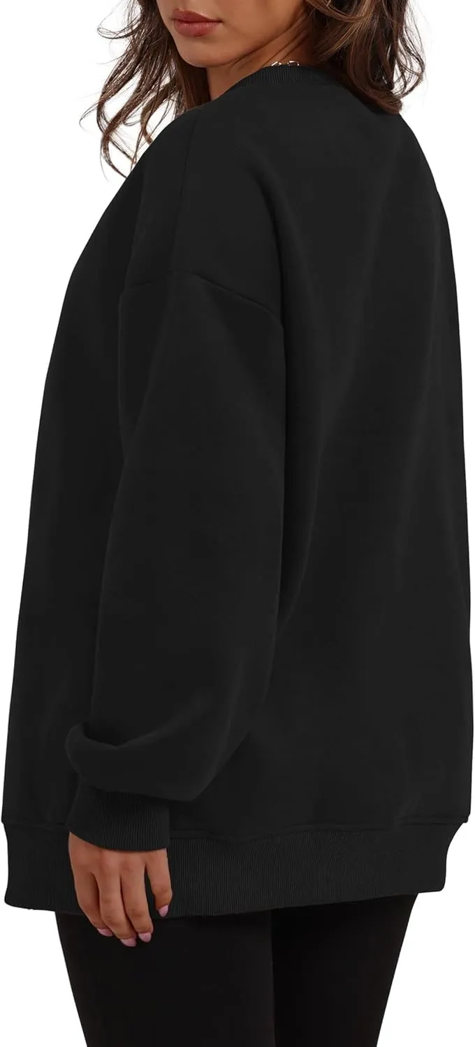 Oversized Crewneck Sweatshirts for Women Soft Fleece Long Sleeve Casual Cute Pullover Top Comfy Fall Clothes Pocket