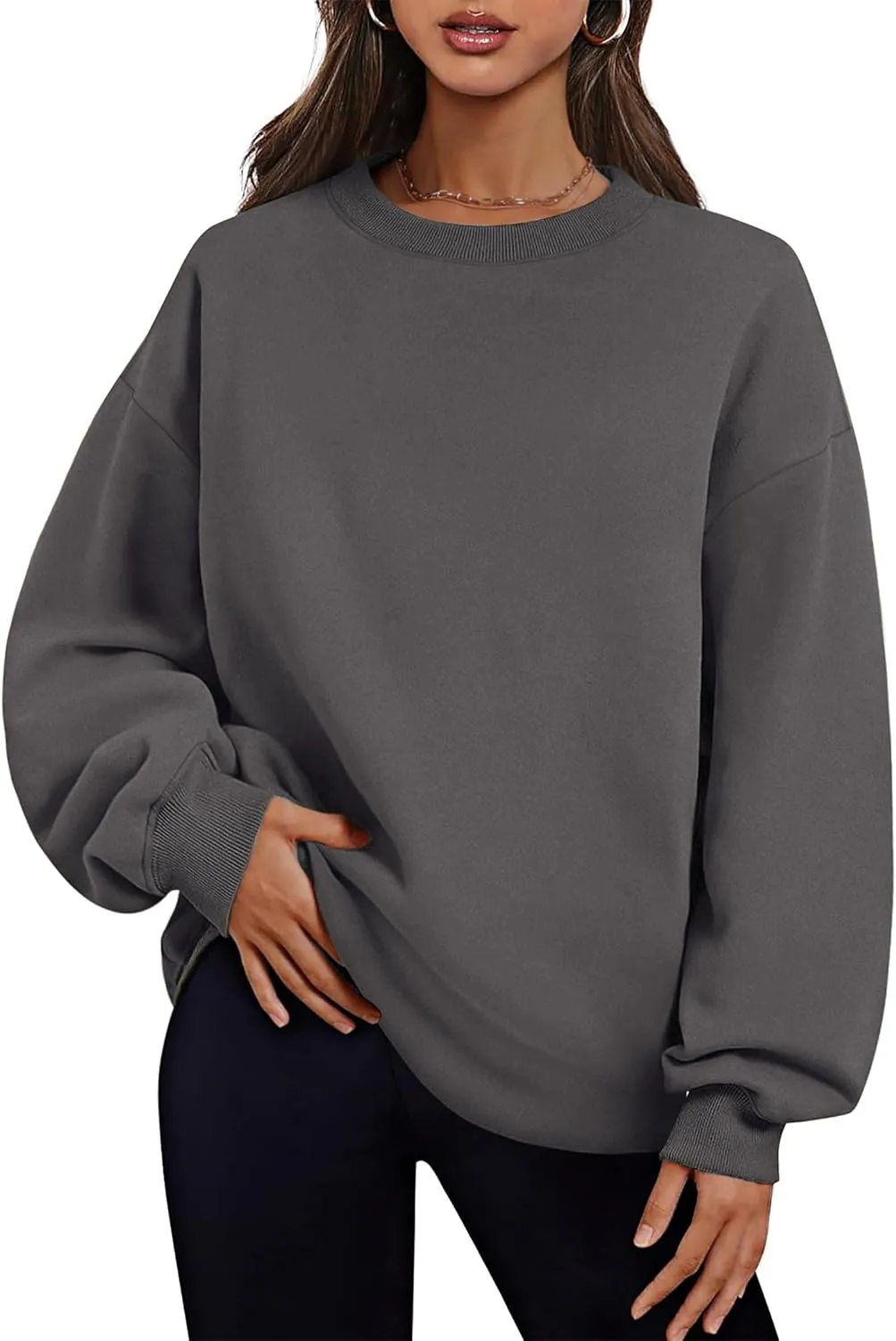 Oversized Crewneck Sweatshirts for Women Soft Fleece Long Sleeve Casual Cute Pullover Top Comfy Fall Clothes Pocket