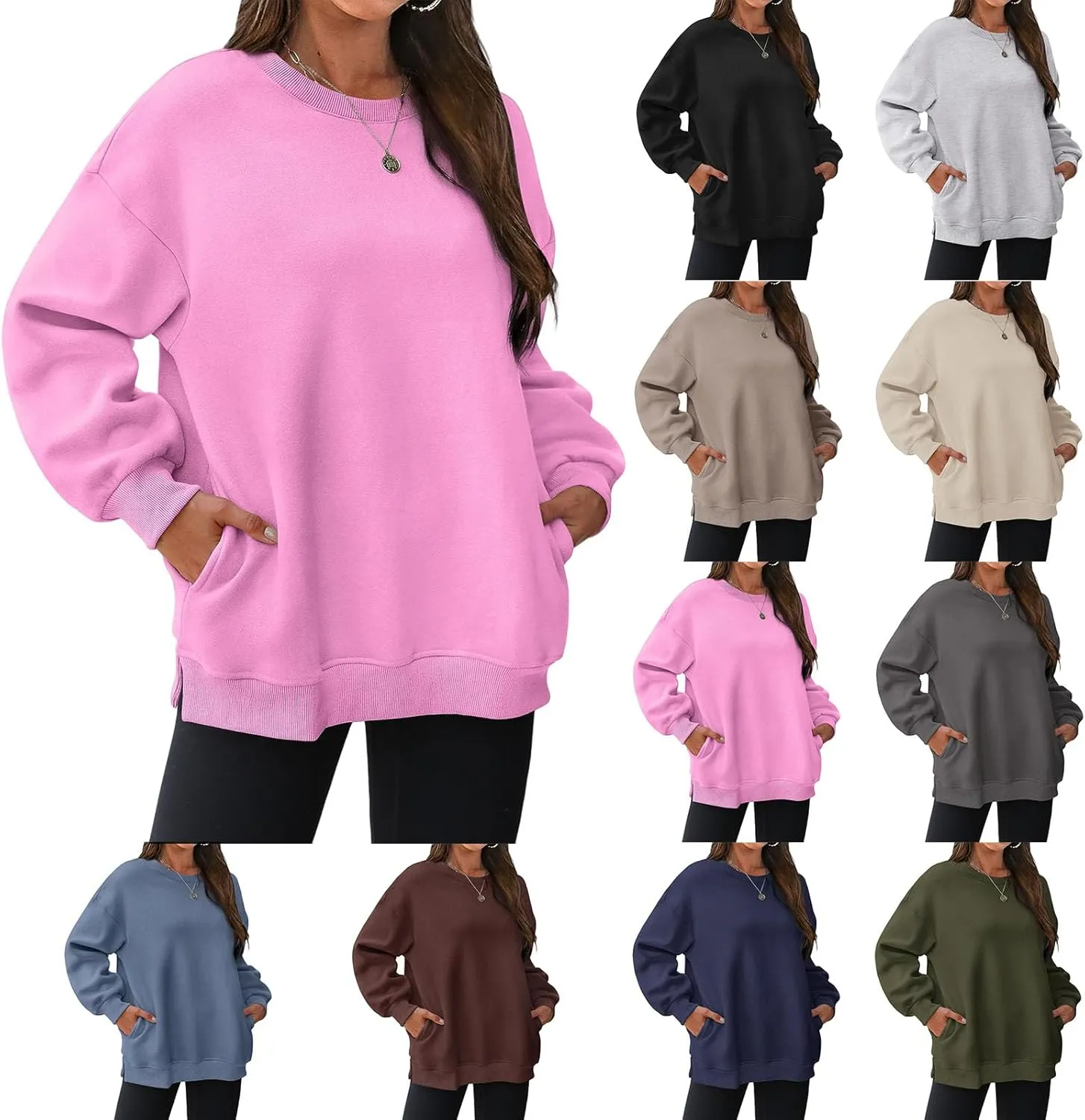 Oversized Crewneck Sweatshirts for Women Soft Fleece Long Sleeve Casual Cute Pullover Top Comfy Fall Clothes Pocket