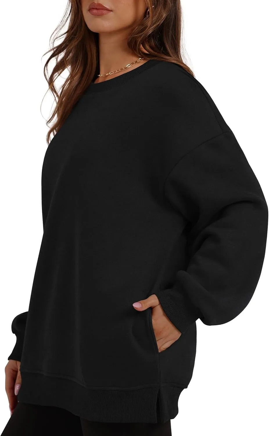Oversized Crewneck Sweatshirts for Women Soft Fleece Long Sleeve Casual Cute Pullover Top Comfy Fall Clothes Pocket
