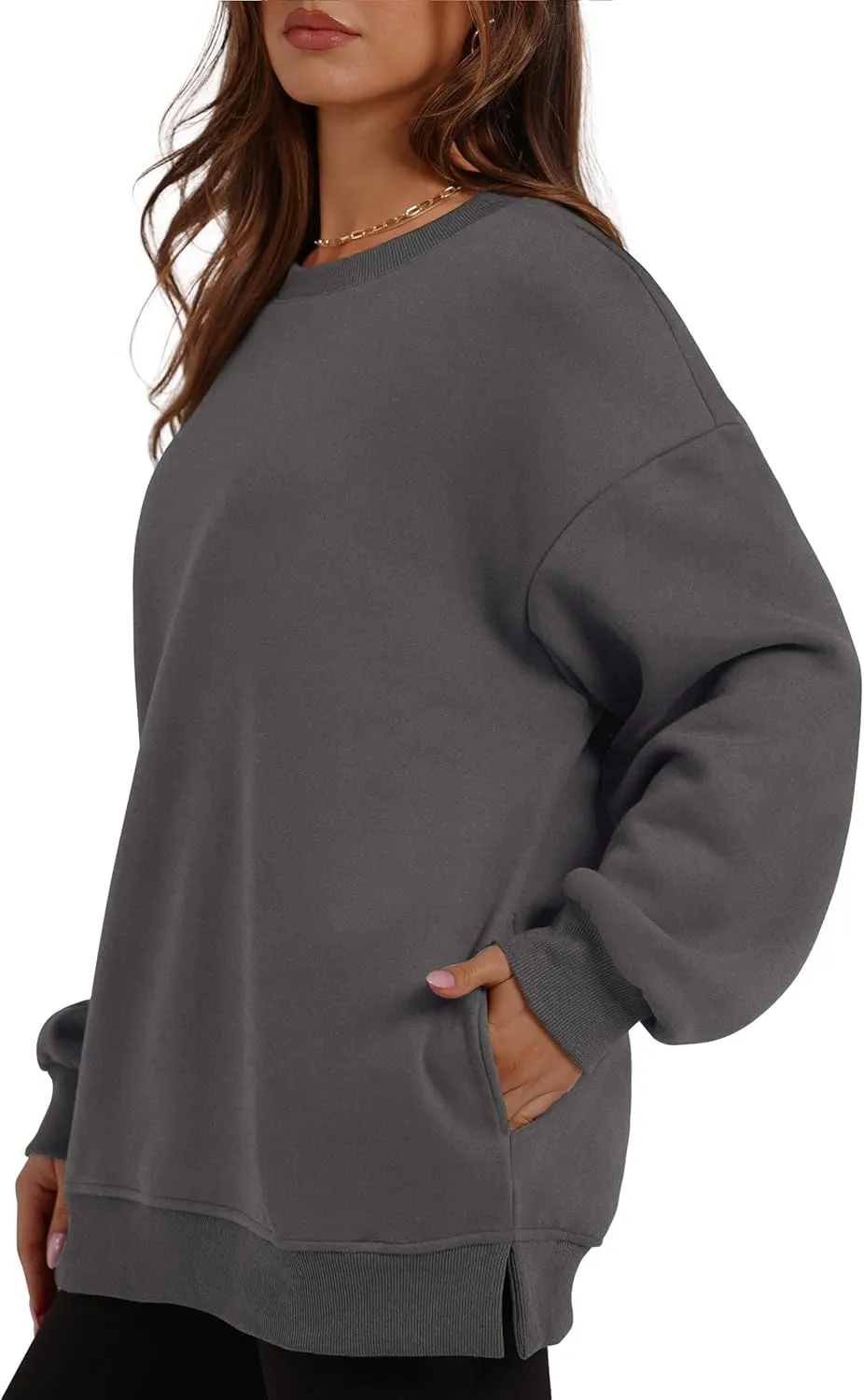 Oversized Crewneck Sweatshirts for Women Soft Fleece Long Sleeve Casual Cute Pullover Top Comfy Fall Clothes Pocket