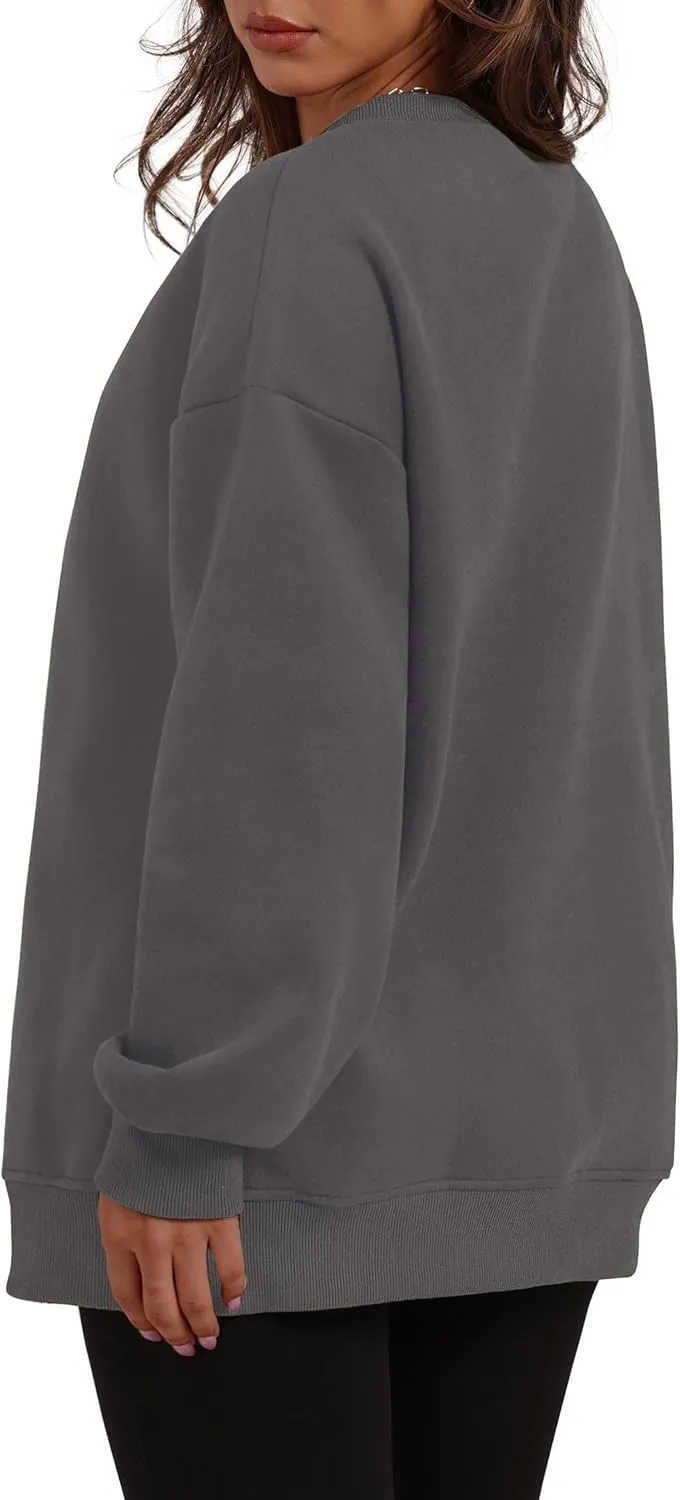 Oversized Crewneck Sweatshirts for Women Soft Fleece Long Sleeve Casual Cute Pullover Top Comfy Fall Clothes Pocket