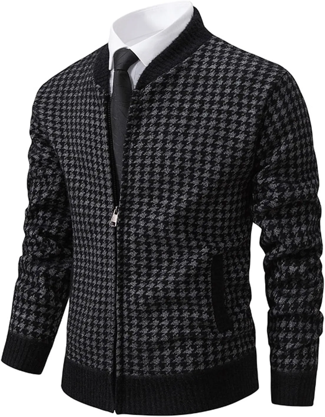 Oversized Knit Sweater for Men Zipper Houndstooth Print Pullover Slim Fit Autumn Fashion Pullover Sweater