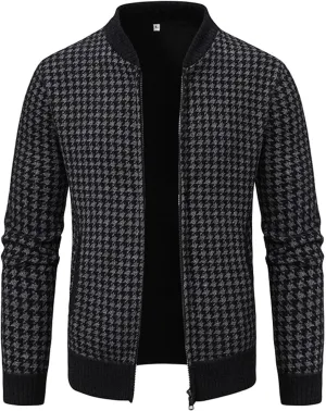 Oversized Knit Sweater for Men Zipper Houndstooth Print Pullover Slim Fit Autumn Fashion Pullover Sweater
