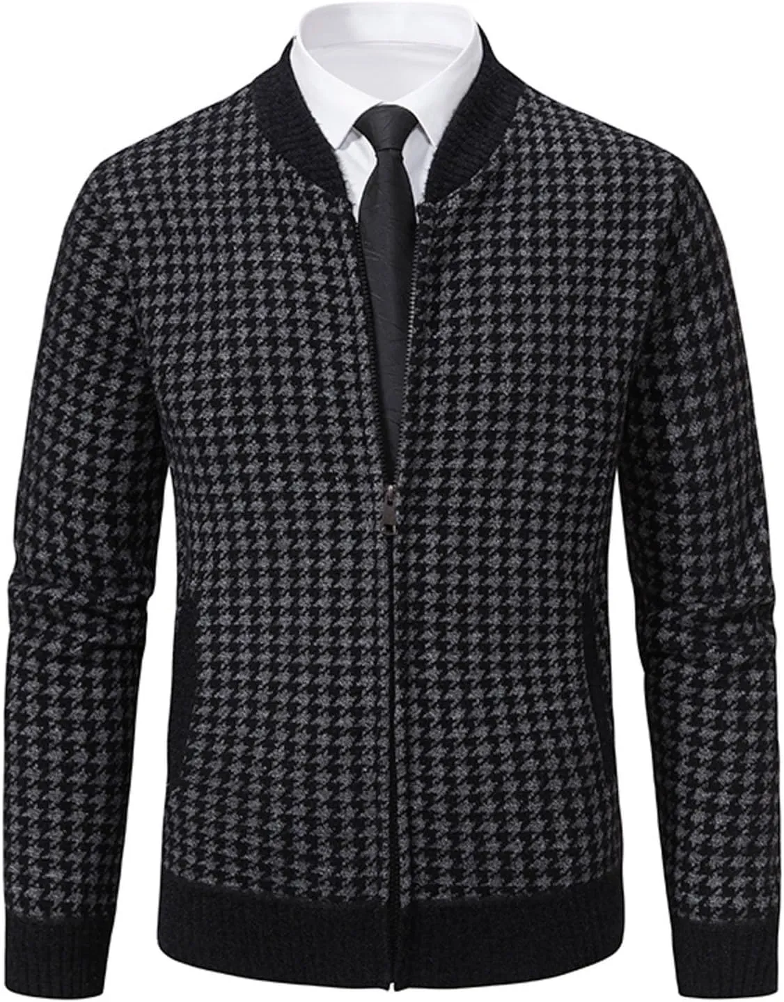 Oversized Knit Sweater for Men Zipper Houndstooth Print Pullover Slim Fit Autumn Fashion Pullover Sweater